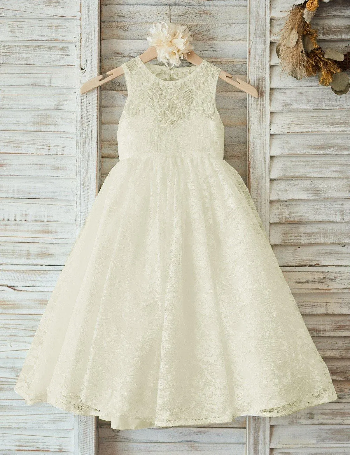 A-Line Floor-Length Open Back Beige Sleeveless Lace Flower Girl Dress FL01