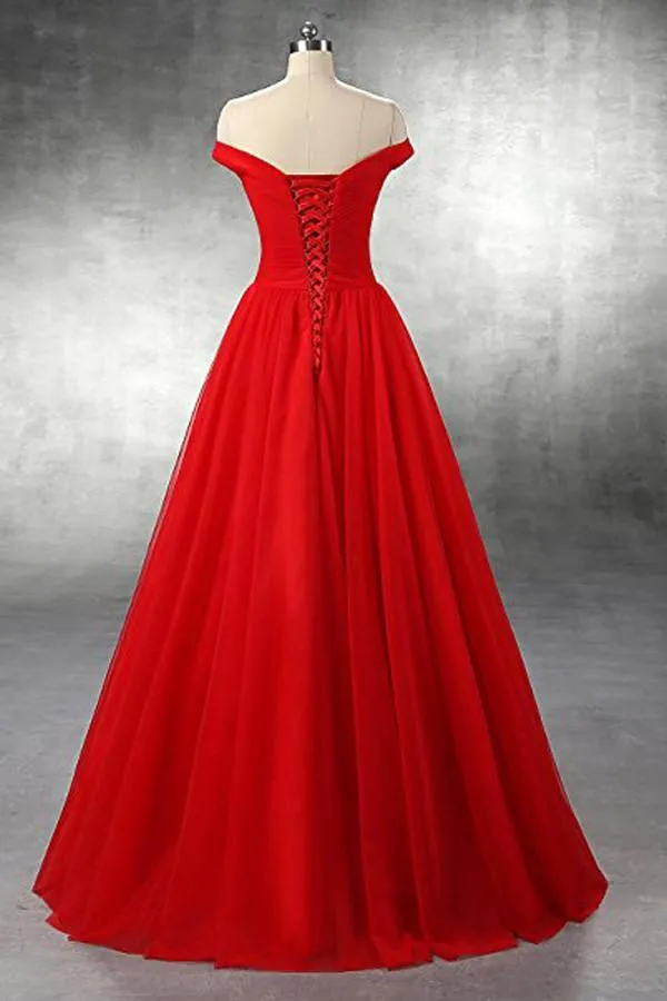 A-line Red Floor Length Tulle PromDresses Evening Dresses PG247