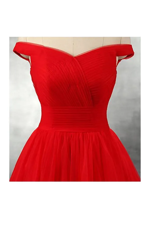 A-line Red Floor Length Tulle PromDresses Evening Dresses PG247