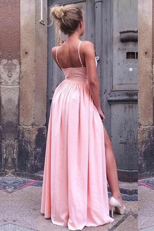 A-Line Spaghetti Straps Pink Pleated Prom Dress with High Split PG461