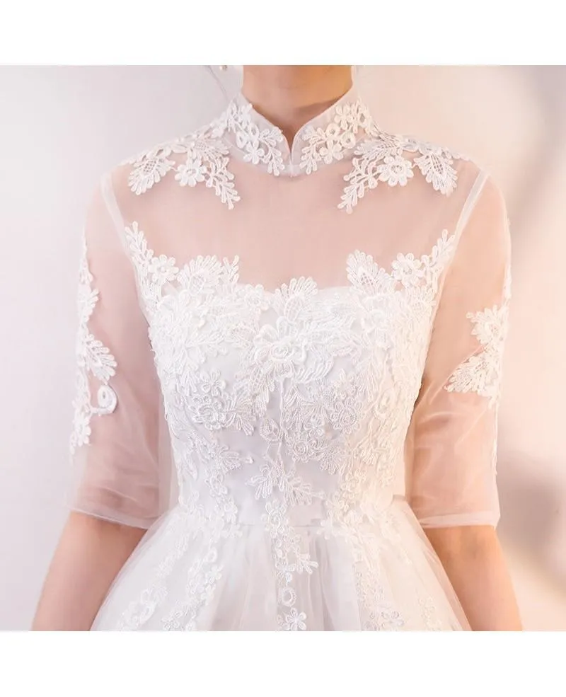 A-line White Lace and Tulle Homecoming Dresses Party Dress with Sleeves PD062