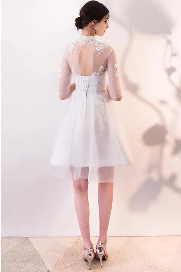 A-line White Lace and Tulle Homecoming Dresses Party Dress with Sleeves PD062