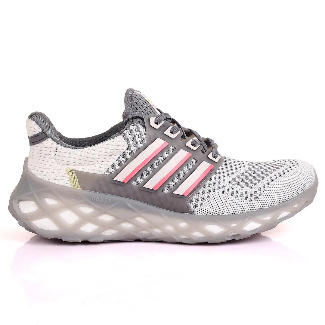 AD Boost White And Grey Designed Men's Running Sneakers With Grey Sole