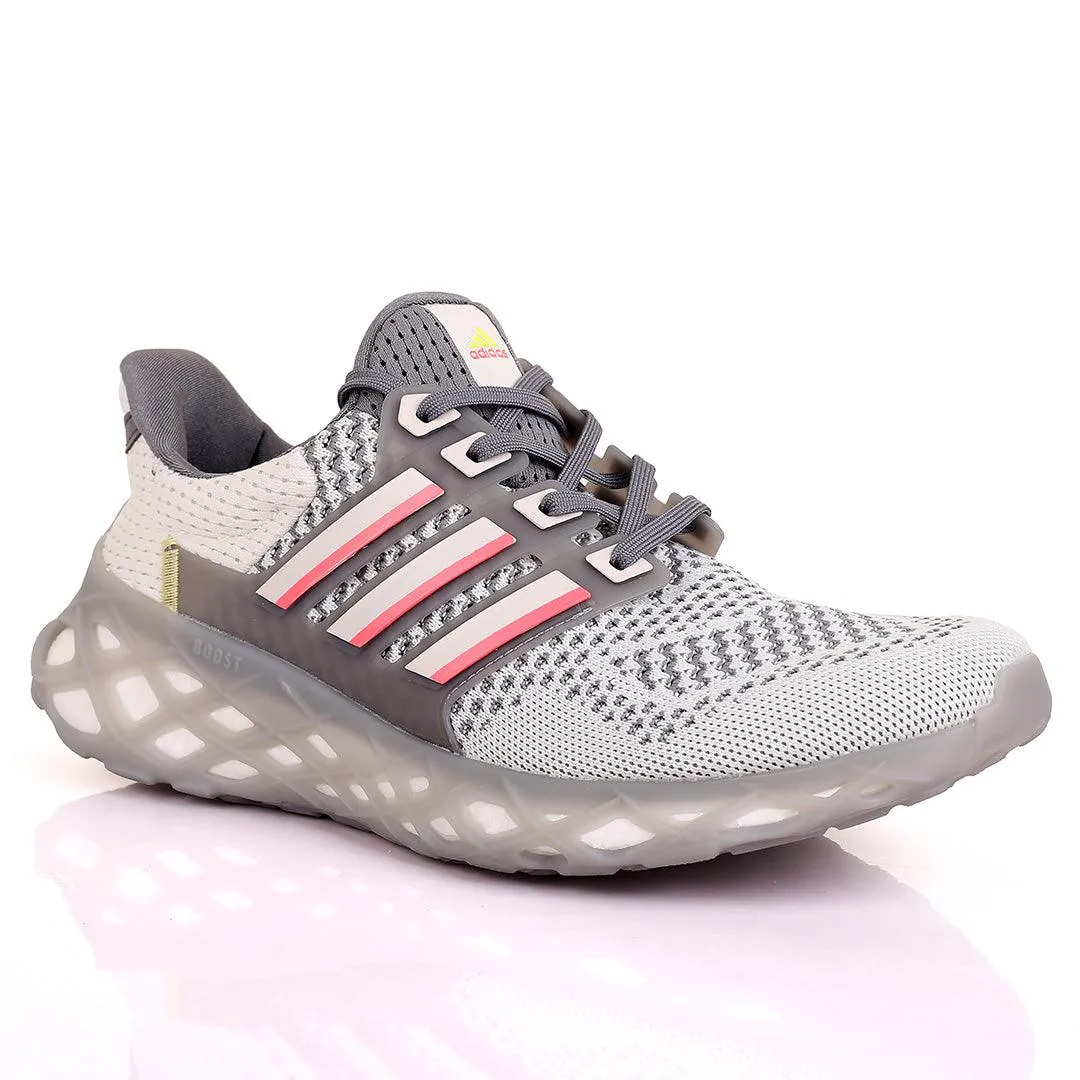 AD Boost White And Grey Designed Men's Running Sneakers With Grey Sole