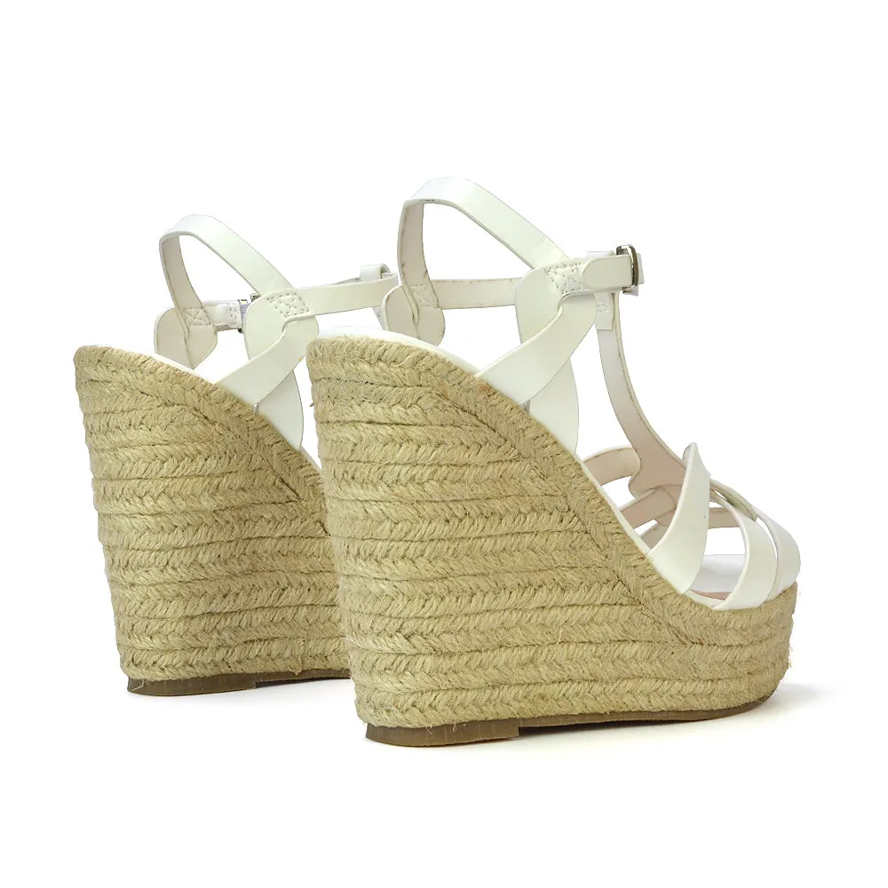 Alexis Strappy Espadrille Platform Wedge Heel Sandals in White Patent