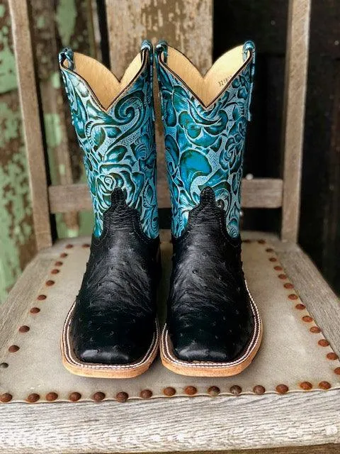 Anderson Bean Women's Black & Dark Teal Foam Ostrich Square Toe Cowgirl Boots 321803