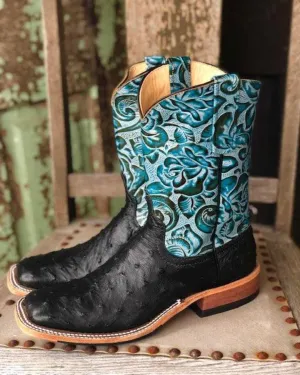 Anderson Bean Women's Black & Dark Teal Foam Ostrich Square Toe Cowgirl Boots 321803