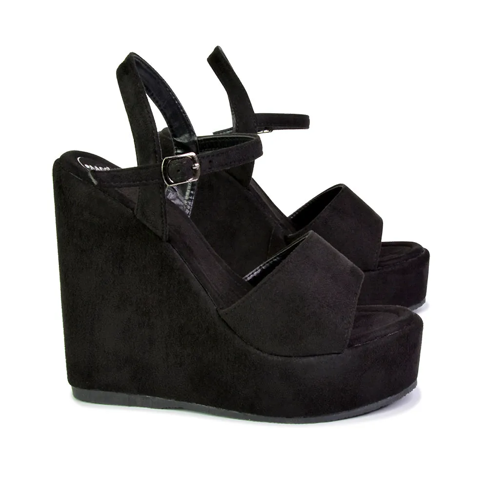 Belinda Wedge High Heel Strappy Platform Heeled Sandals in Black