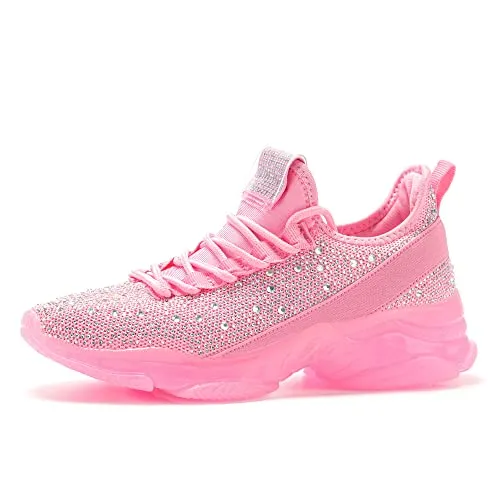 BELOS Women's Fashion Rhinestone Mesh Knit Slip On Sneaker Breathable Glitter Walking Shoes(Pink,10)