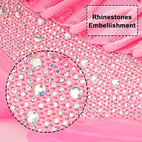 BELOS Women's Fashion Rhinestone Mesh Knit Slip On Sneaker Breathable Glitter Walking Shoes(Pink,10)