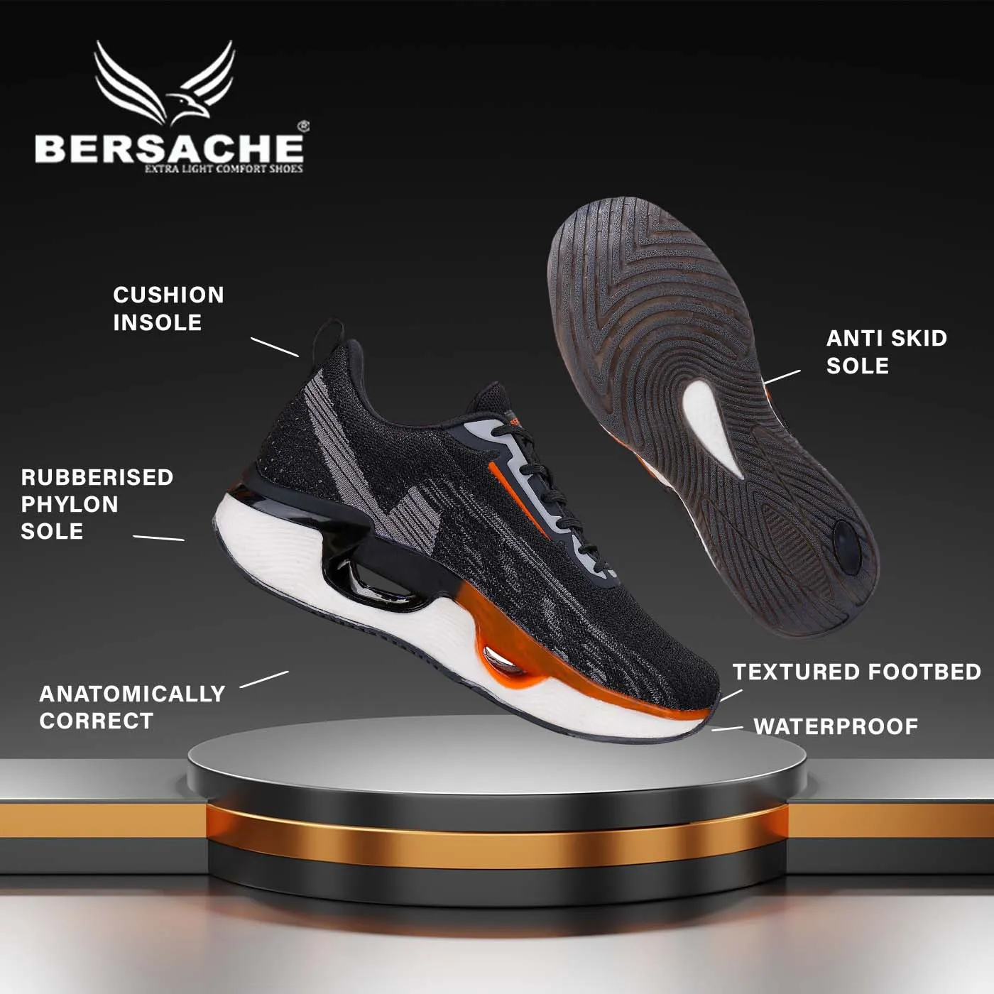 Bersache Lightweight Casual Sneaker Shoes For Men Black-9063