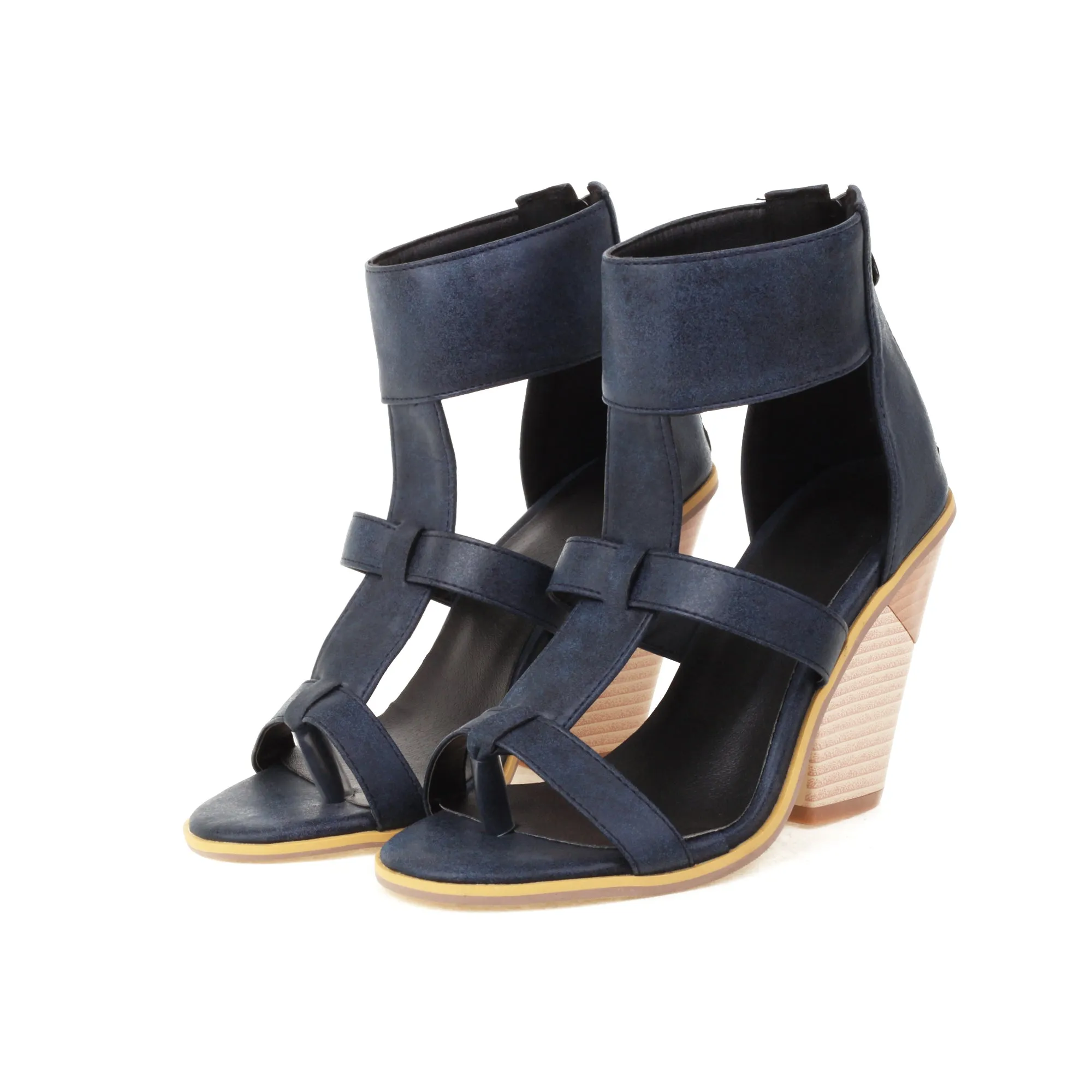 Bigsizeheels Wood Grain Cut-Outs Wedge Sandals-Navy blue