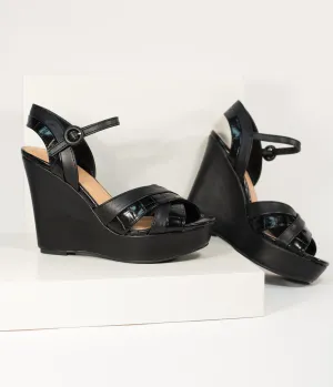 Black Crocodile Embossed Cross Wedge Sandals