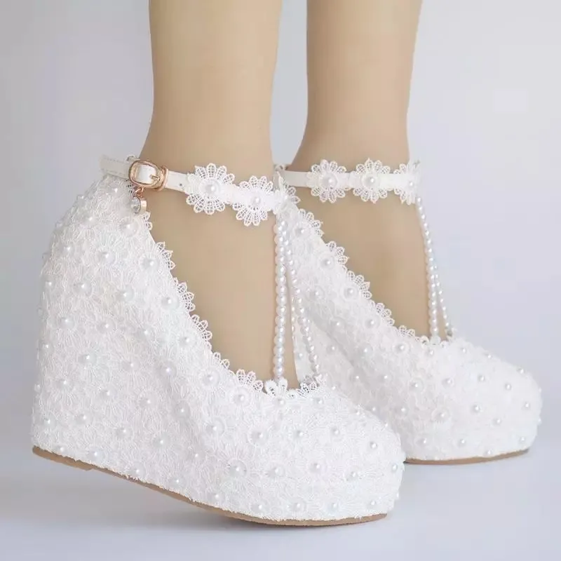 Bling Bridal wedding pumps wedge heel  ankle strap bridal shoes