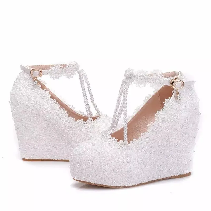 Bling Bridal wedding pumps wedge heel  ankle strap bridal shoes