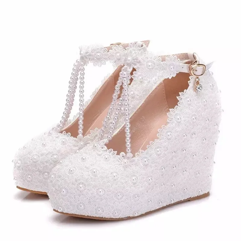 Bling Bridal wedding pumps wedge heel  ankle strap bridal shoes