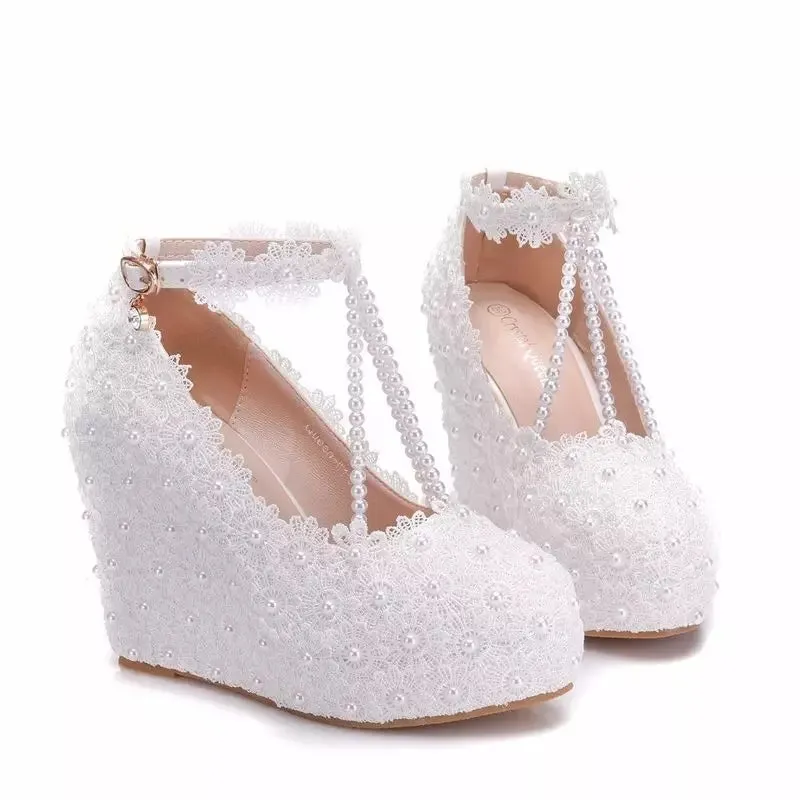 Bling Bridal wedding pumps wedge heel  ankle strap bridal shoes