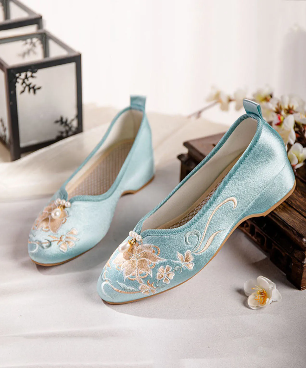 Blue Wedge Heels Satin Boho Splicing Nail Bead Embroidery LY7709