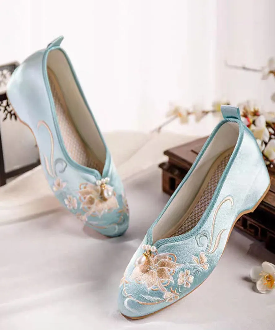 Blue Wedge Heels Satin Boho Splicing Nail Bead Embroidery LY7709