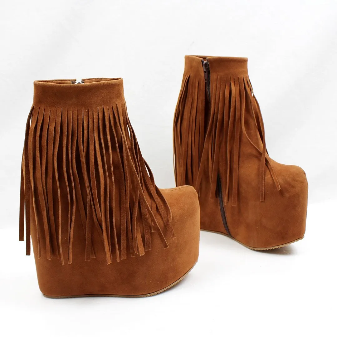 Brown Fringe High Heel Wedge Booties