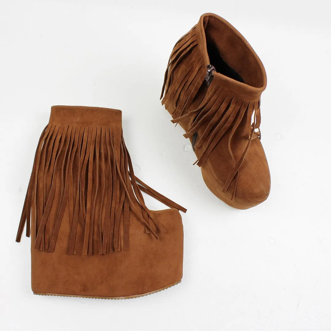 Brown Fringe High Heel Wedge Booties