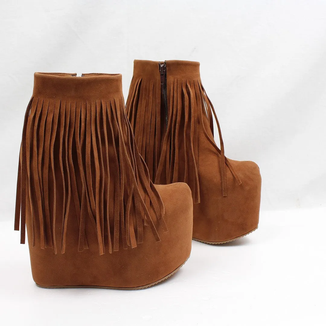 Brown Fringe High Heel Wedge Booties