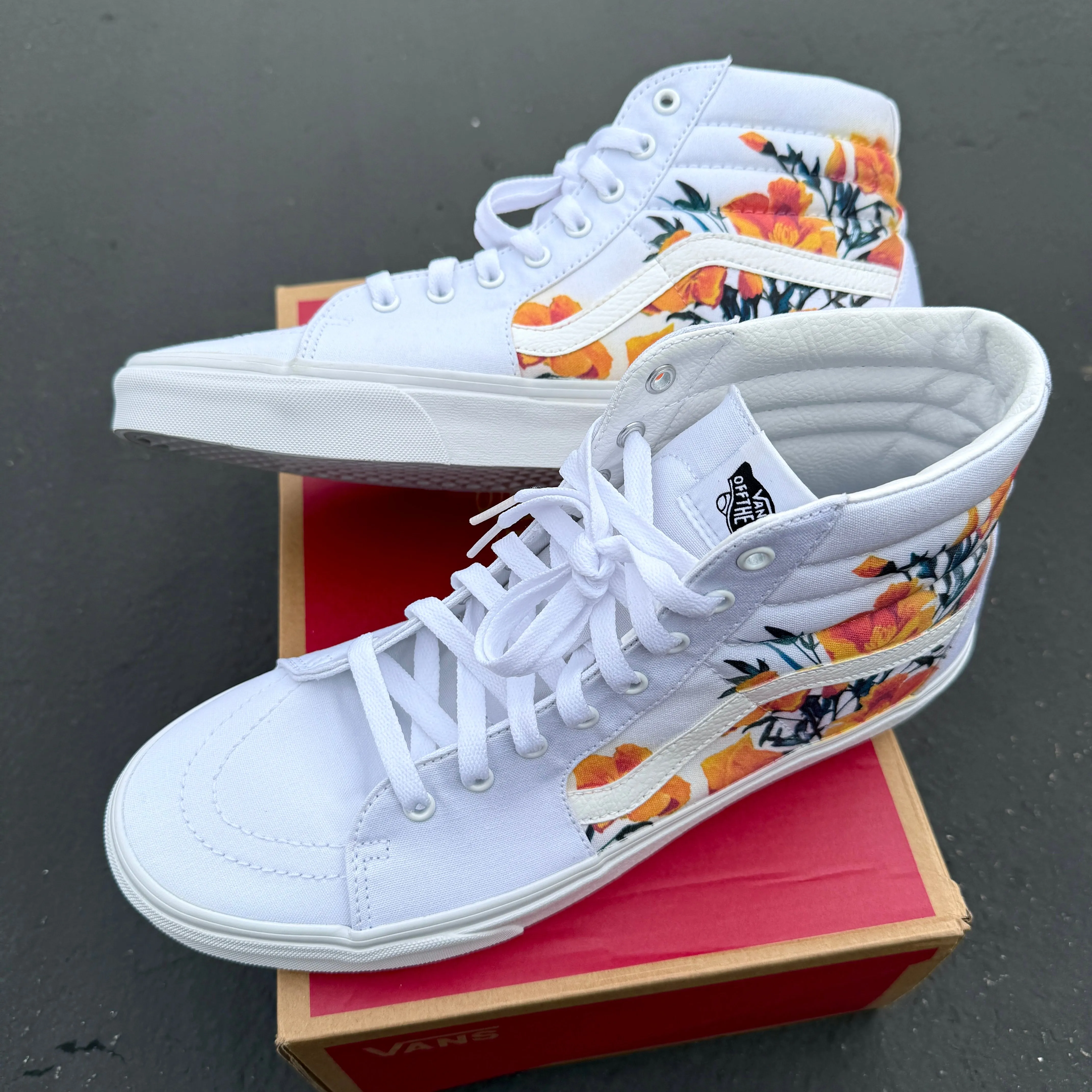 California Poppy Flowers on White Vans SK8-Hi Shoes