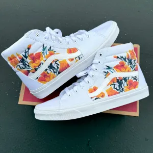 California Poppy Flowers on White Vans SK8-Hi Shoes