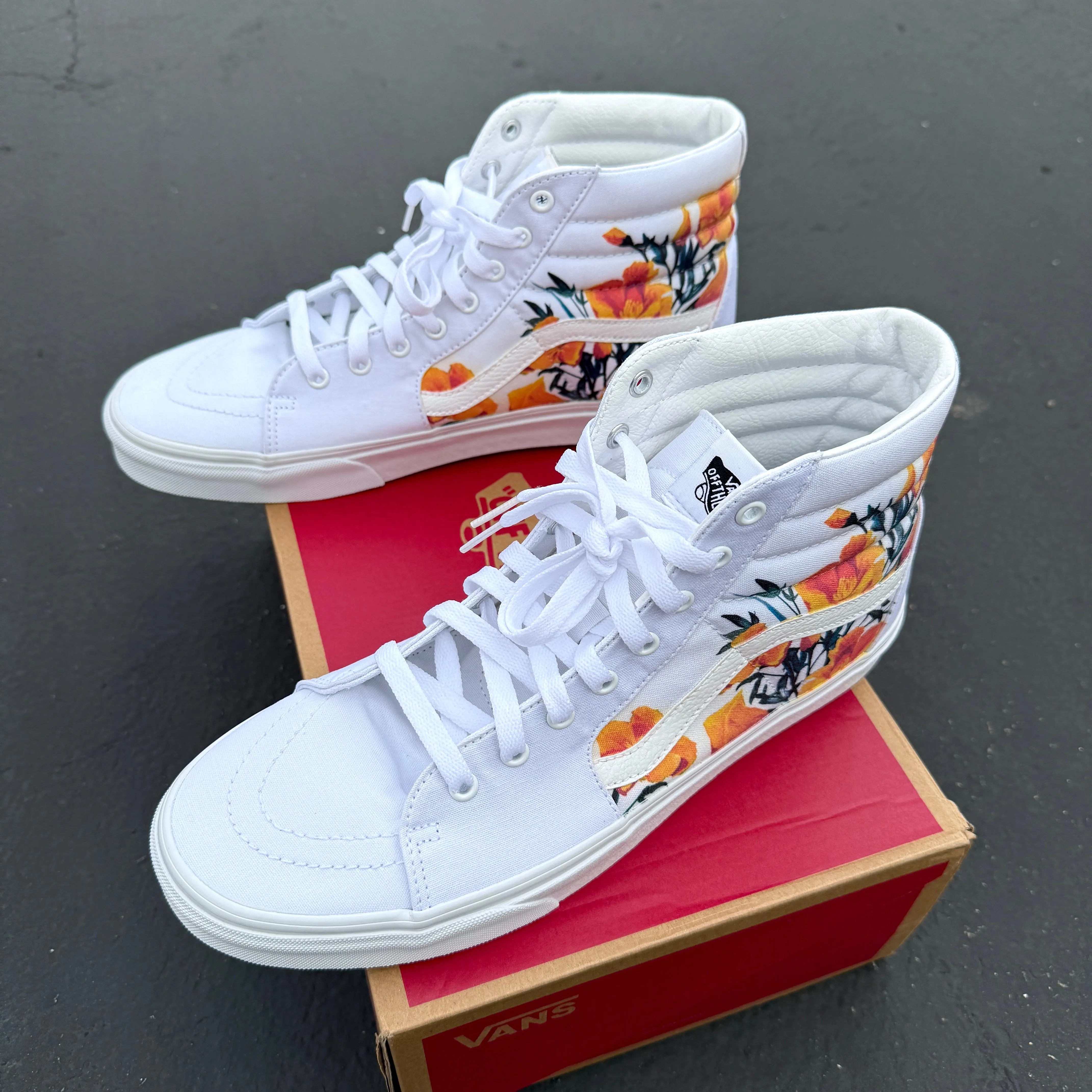 California Poppy Flowers on White Vans SK8-Hi Shoes