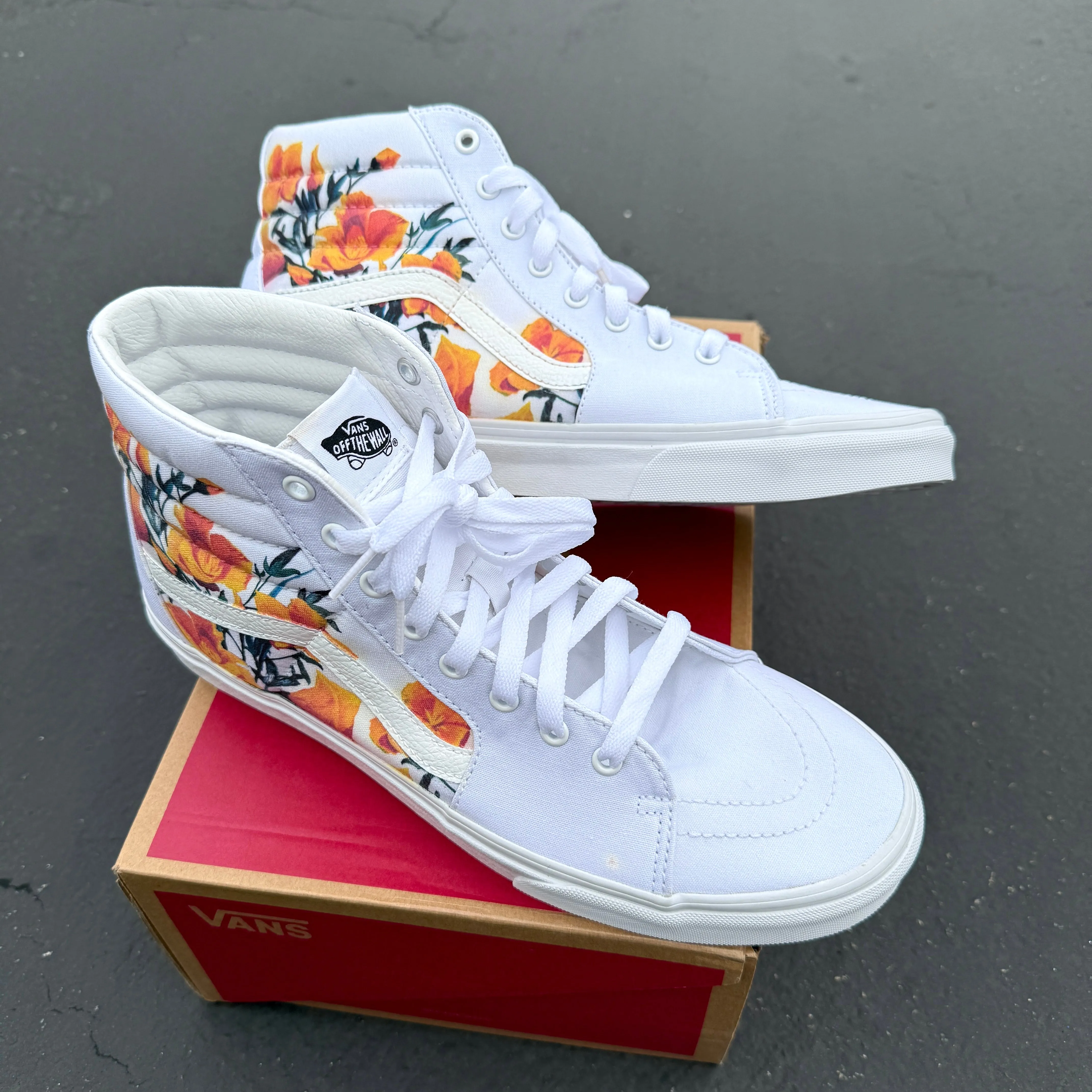 California Poppy Flowers on White Vans SK8-Hi Shoes