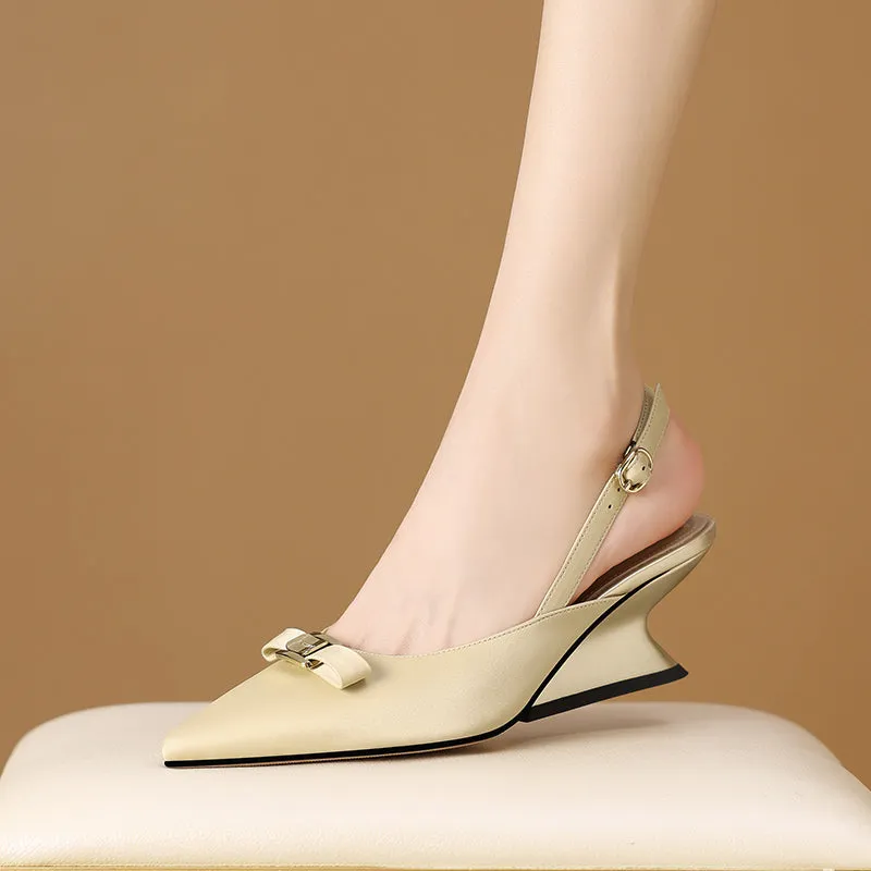 Chic Leather Pointed Toe Wedge Heels