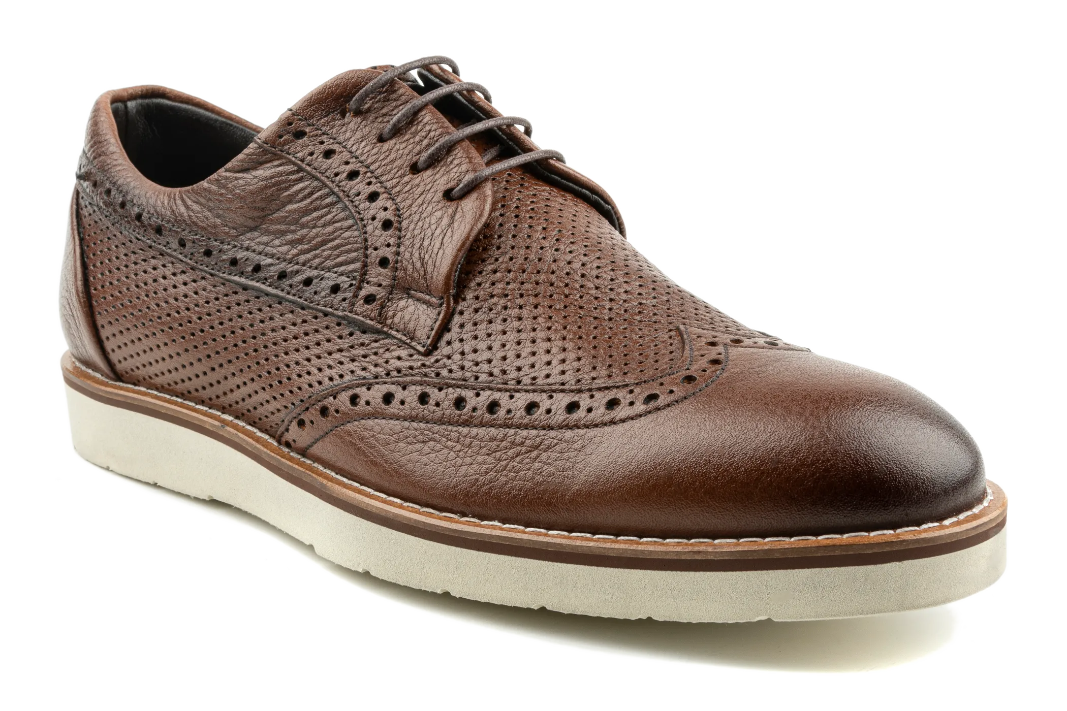 Debbano Zio Hybrid Wingtip Derby Shoes, Dress Sneakers, Top Grain Anilin Tanned Leather Brown Derby Shoes, Perforated Breahable Design Summer Derbies, Non-Slip Sole, Handmade Brown Derby Shoes