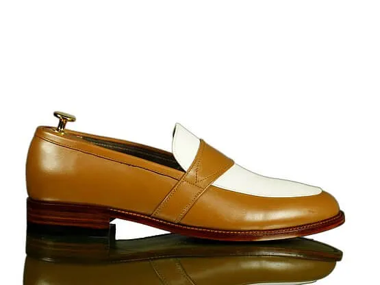 Elegant Handmade Men's Tan White Leather Penny Loafers, Men Dress Fashion Driving Shoes