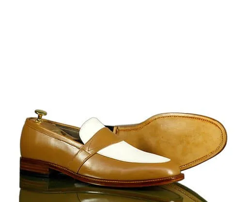 Elegant Handmade Men's Tan White Leather Penny Loafers, Men Dress Fashion Driving Shoes