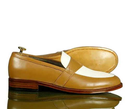 Elegant Handmade Men's Tan White Leather Penny Loafers, Men Dress Fashion Driving Shoes