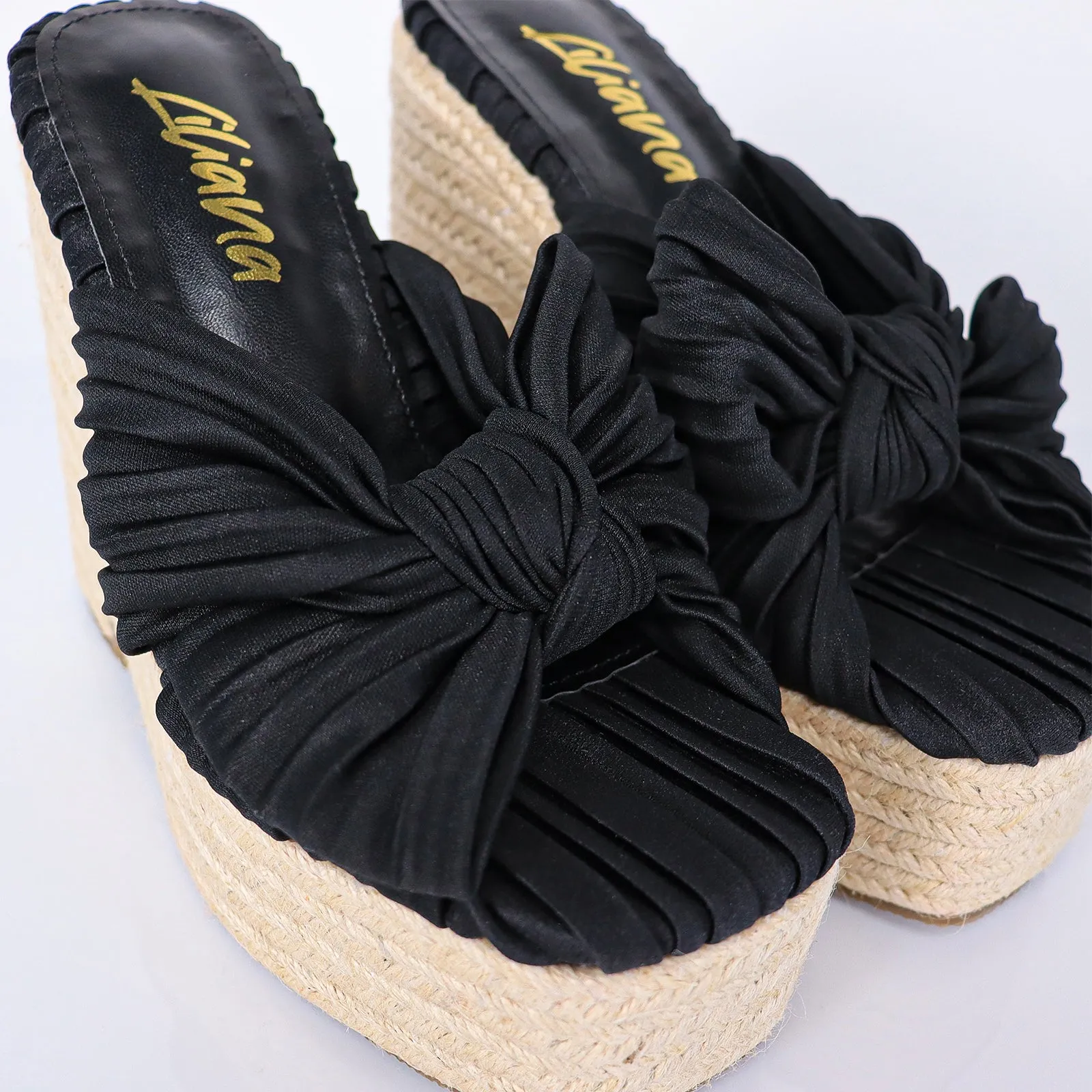 ELLY-1 PLEATED BOW SANDAL W/ ESPADDRILLE WEDGE - BLACK