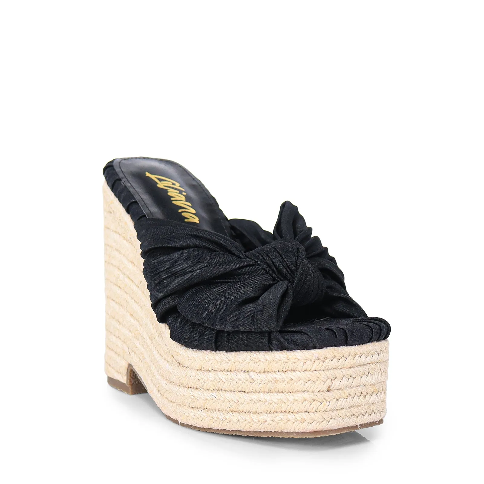 ELLY-1 PLEATED BOW SANDAL W/ ESPADDRILLE WEDGE - BLACK