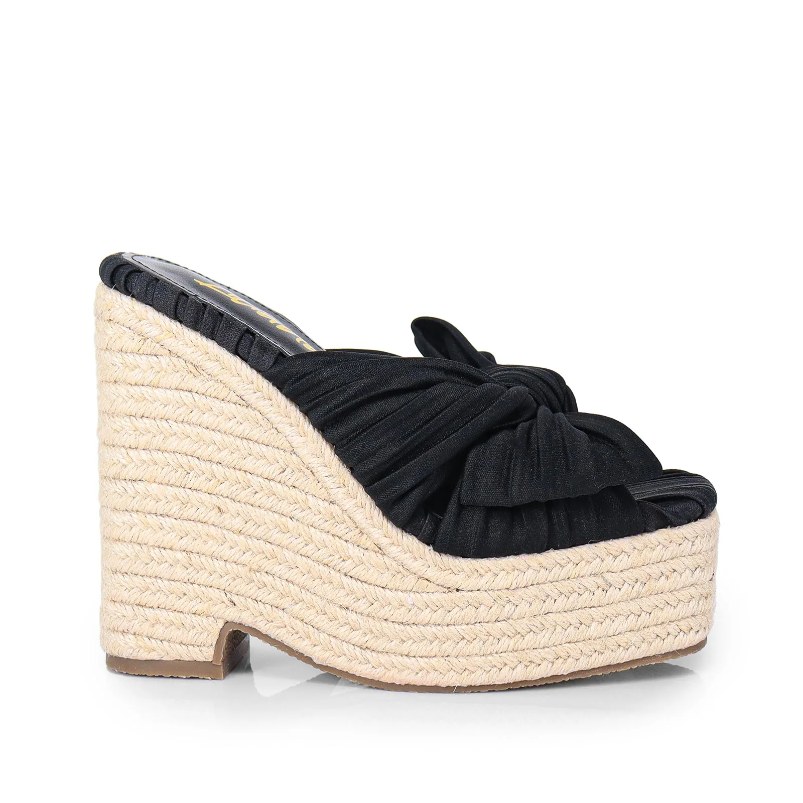 ELLY-1 PLEATED BOW SANDAL W/ ESPADDRILLE WEDGE - BLACK