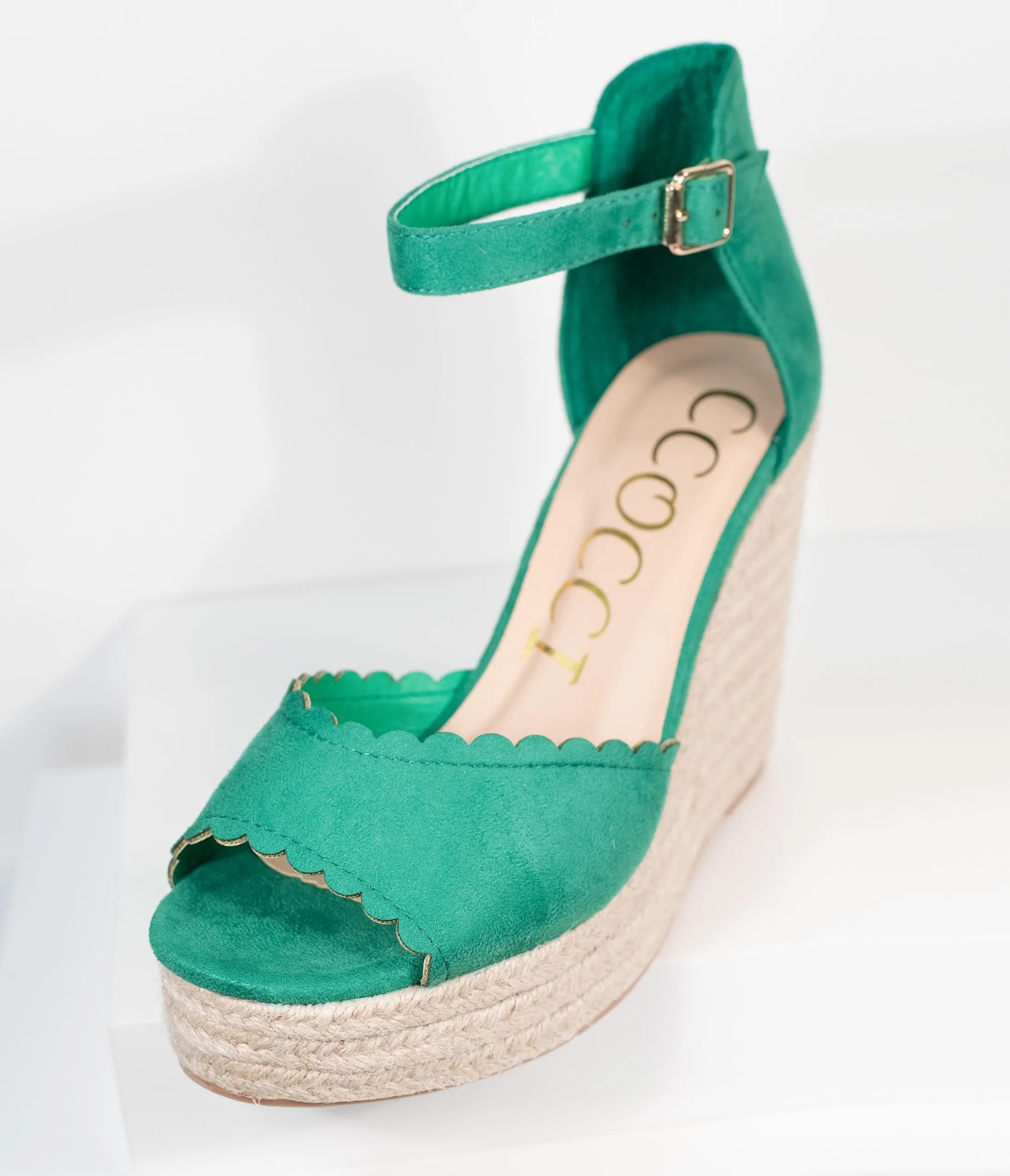 Emerald Suede Peep Toe Espadrille Wedges