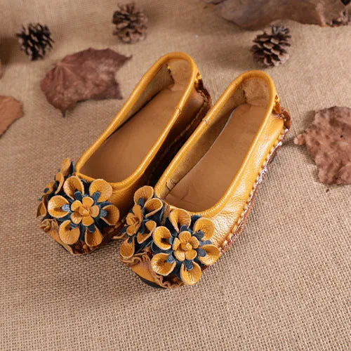 Ethnic style genuine leather flower women's single shoes Large casual mother's shoes