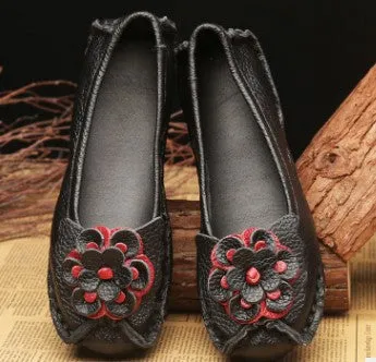 Ethnic style genuine leather flower women's single shoes Large casual mother's shoes