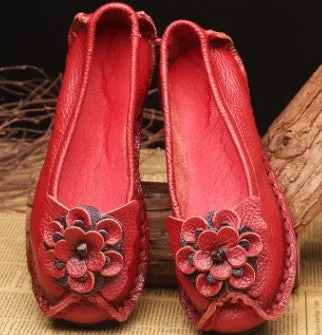 Ethnic style genuine leather flower women's single shoes Large casual mother's shoes