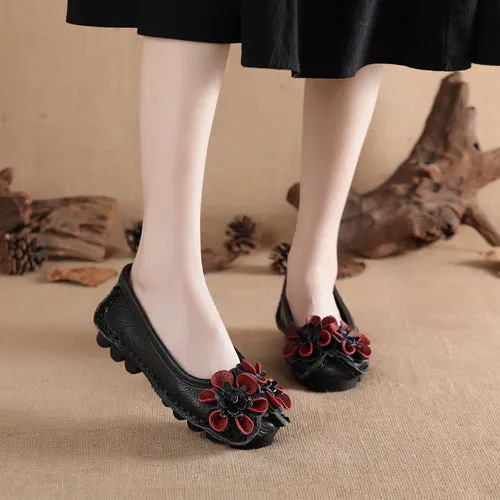 Ethnic style genuine leather flower women's single shoes Large casual mother's shoes