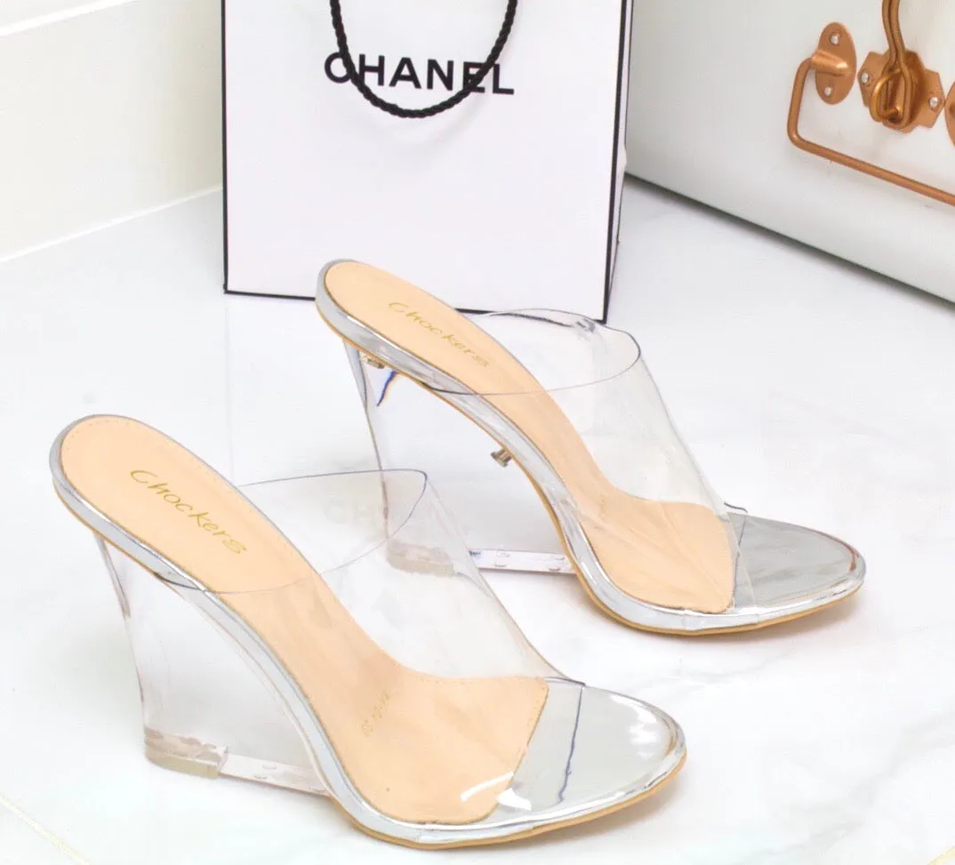 Eva - Silver Perspex Clear Wedge Heels