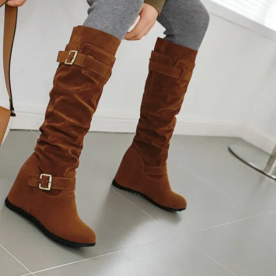 Faux suede slouch knee high boots with hidden wedge heels