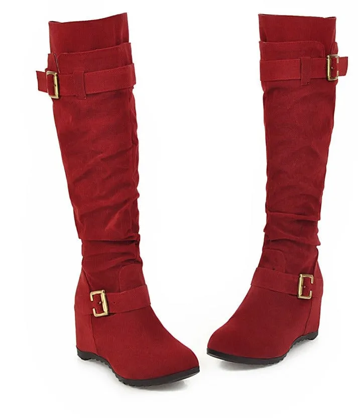 Faux suede slouch knee high boots with hidden wedge heels