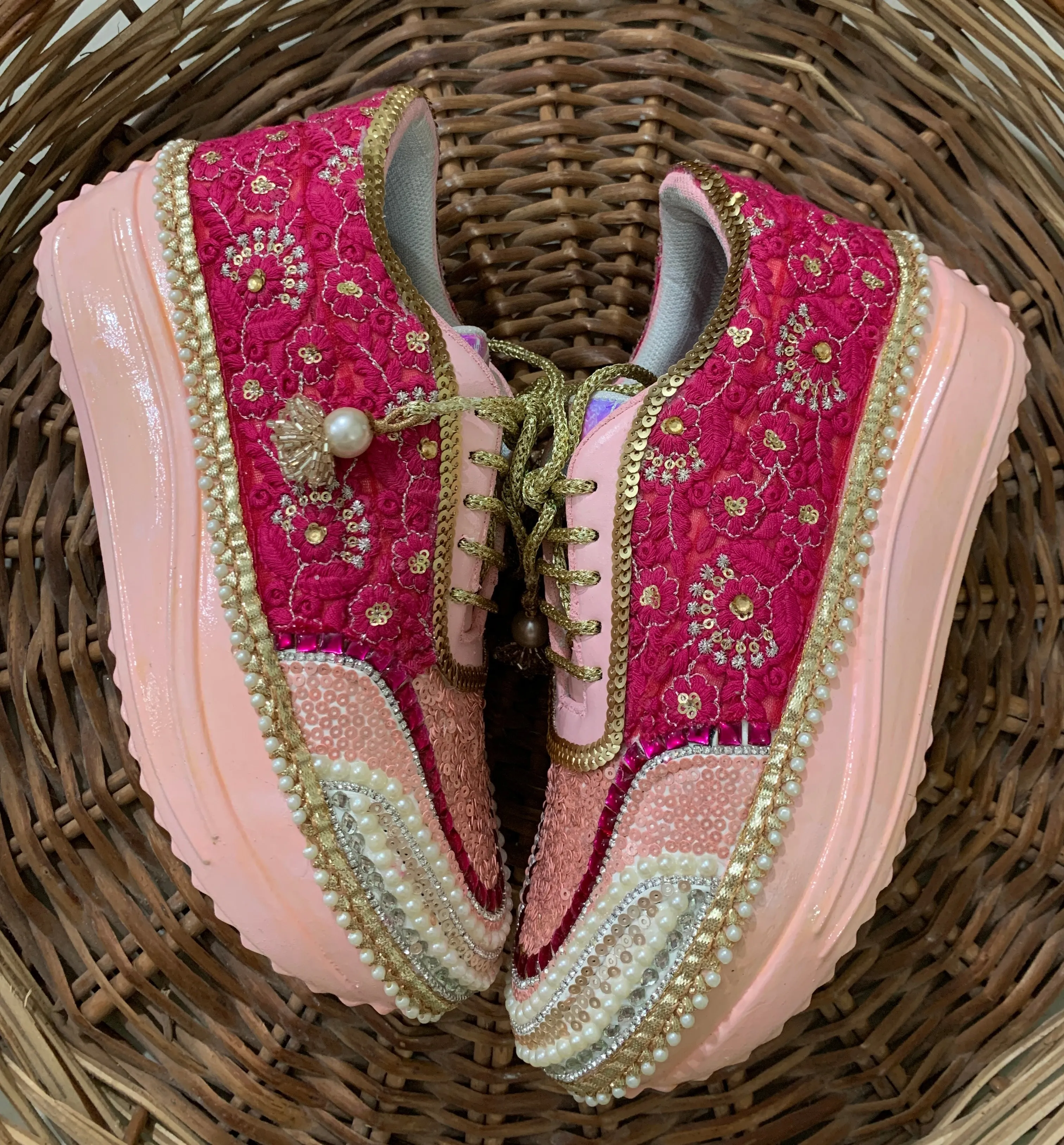 FUNKY N TRENDY peach/pink / pink embroidery sneakers with pearls detailing for brides / bridesmaids with custom couple name initials/ pink shoes / peach shoes/ rani color sneakers