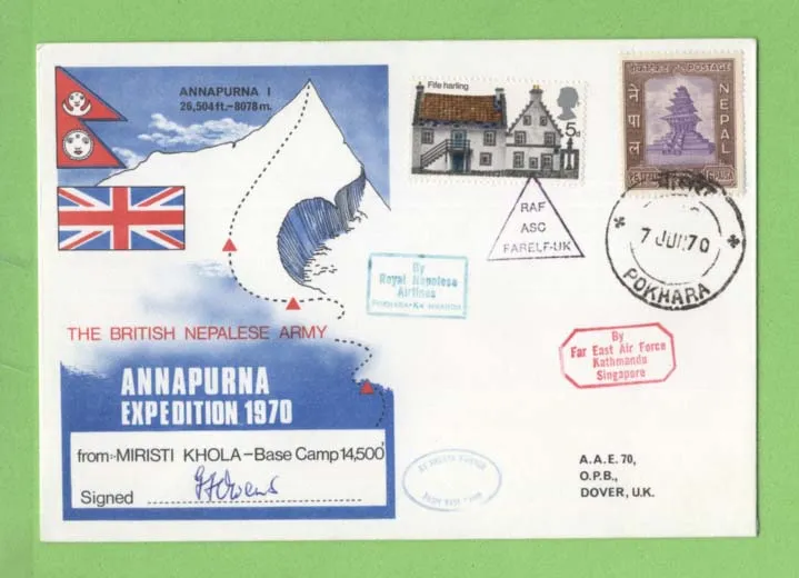 G.B. / Nepal 1970 British Nepelese Army Annapurna Expedition Base Camp signed cover