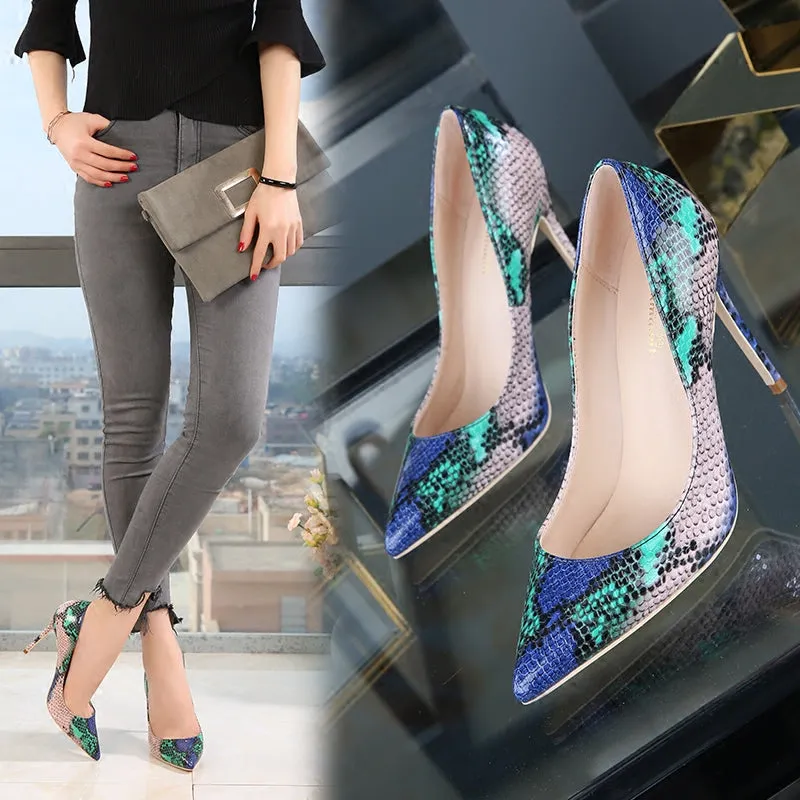 High-heels with Multi-colored Snakeskin Pattern Fashion Women Party Shoes