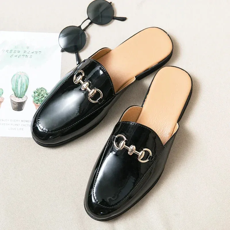 Ilooove Summer Half Shoes for Men Black Loafers Slippers Patent Leather Casual Driving Shoes Loafer Lightweight Flats Sandals Big Size46